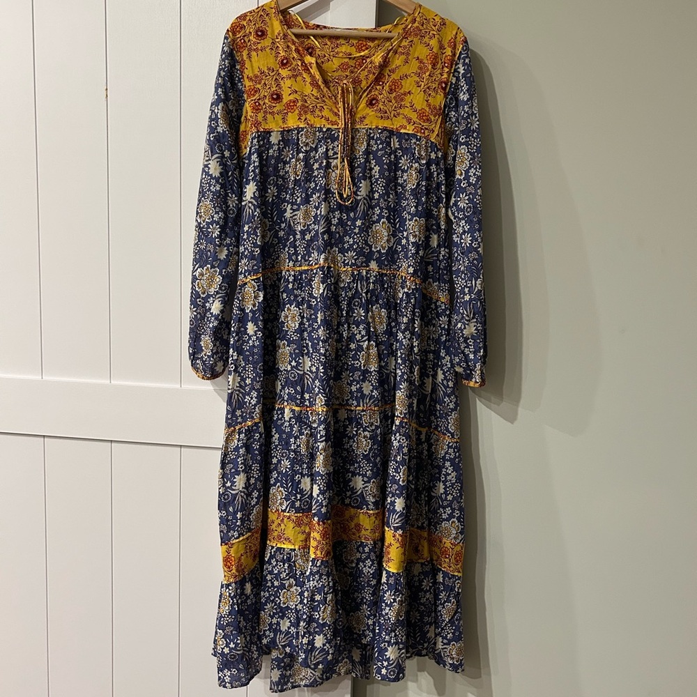 Zara Long Sleeve Floral Dress - Blue and Yellow